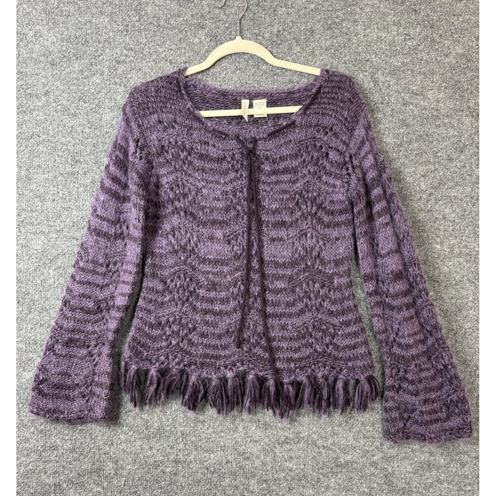 Twiggy Sweater Women Sz M Purple Mohair Blend Fringe Knit Tie Neck Y2K Boho Goth
